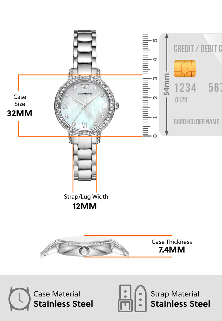 Emporio Armani Cleo Crystals Mother Of Pearl Dial Silver Steel Strap Watch For Women - AR11484
