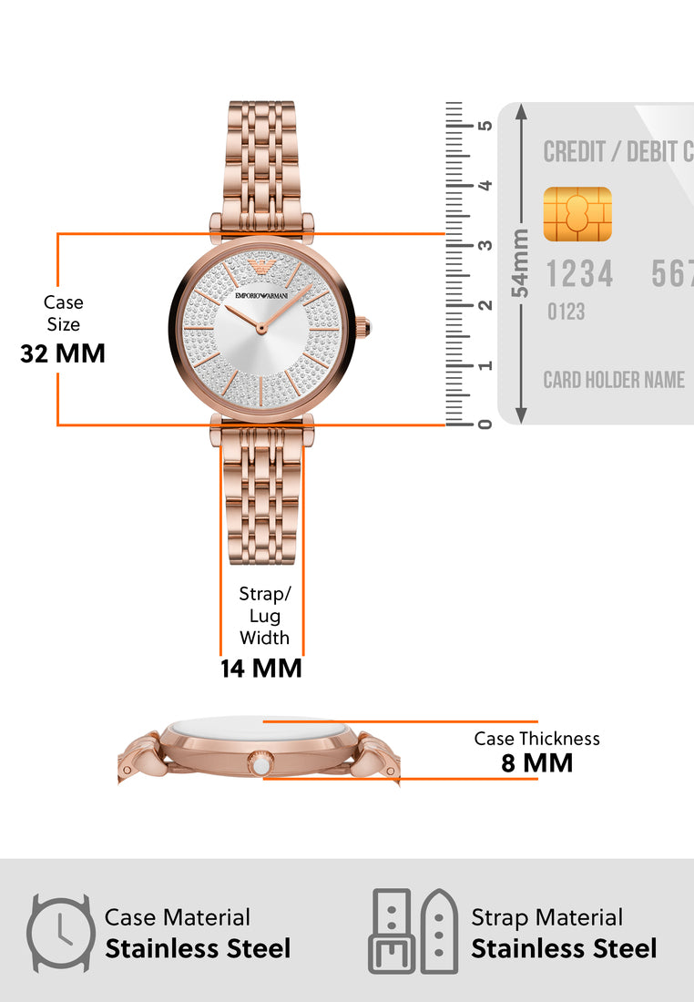 Emporio Armani Gianni T-Bar Crystals Silver Dial Rose Gold Steel Strap Watch For Women - AR11446