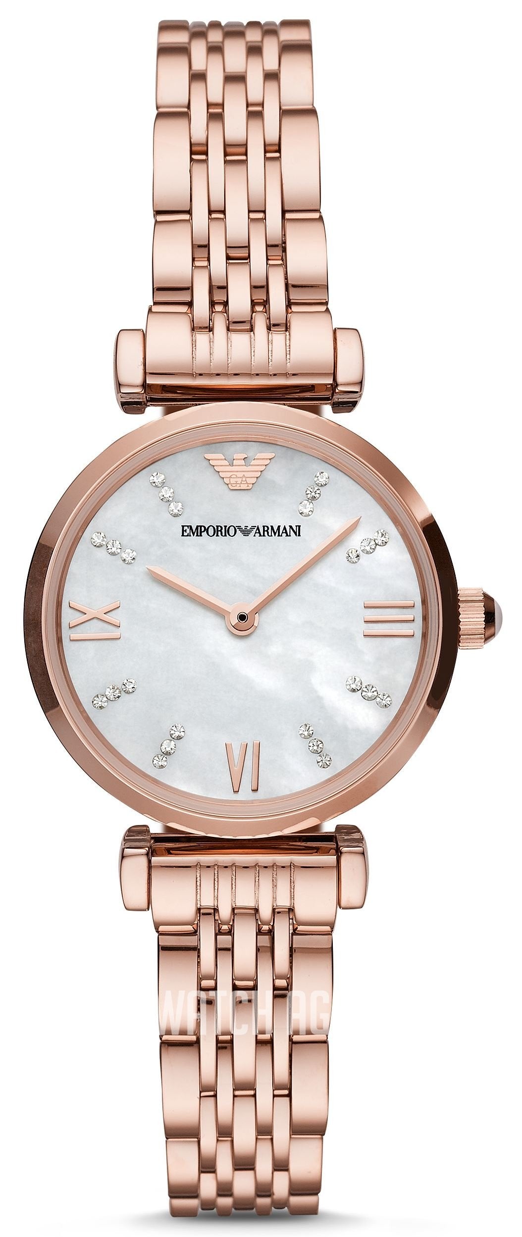 Emporio Armani Gianni T-Bar Mother of Pearl Dial Rose Gold Steel Strap Watch For Women - AR11316