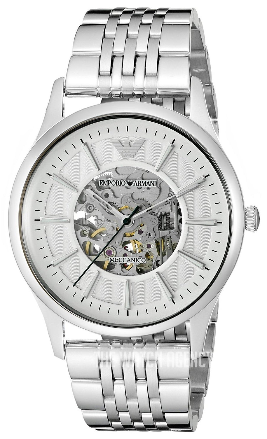 Emporio Armani Meccanico Skeleton Silver Dial Silver Steel Strap Watch For Men - AR1945