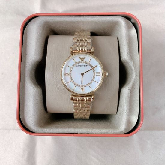 Emporio Armani Gianni T Bar Mother of Pearl White Dial Gold Steel Strap Watch For Women - AR190700
