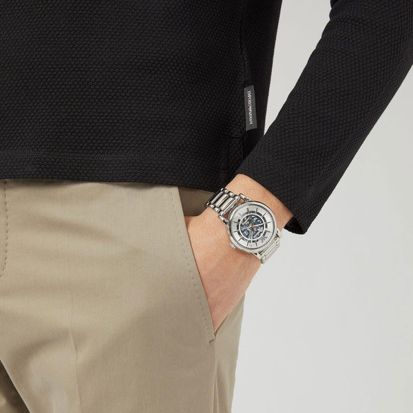 Emporio Armani Meccanico Automatic Silver Dial Silver Steel Strap Watch for Men - AR60006
