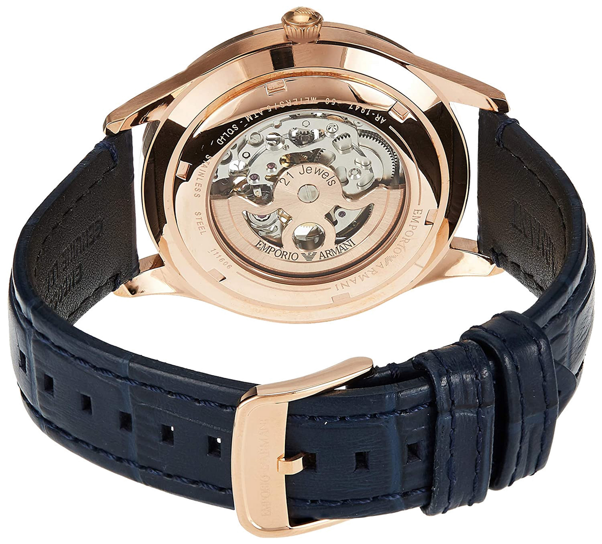 Emporio Armani Luigi Automatic Skeleton Silver Dial Black Leather Strap Watch For Men - AR60013
