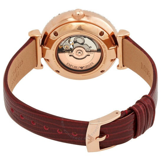 Emporio Armani Meccanico Automatic Silver Dial Red Leather Strap Watch For Women - AR60044