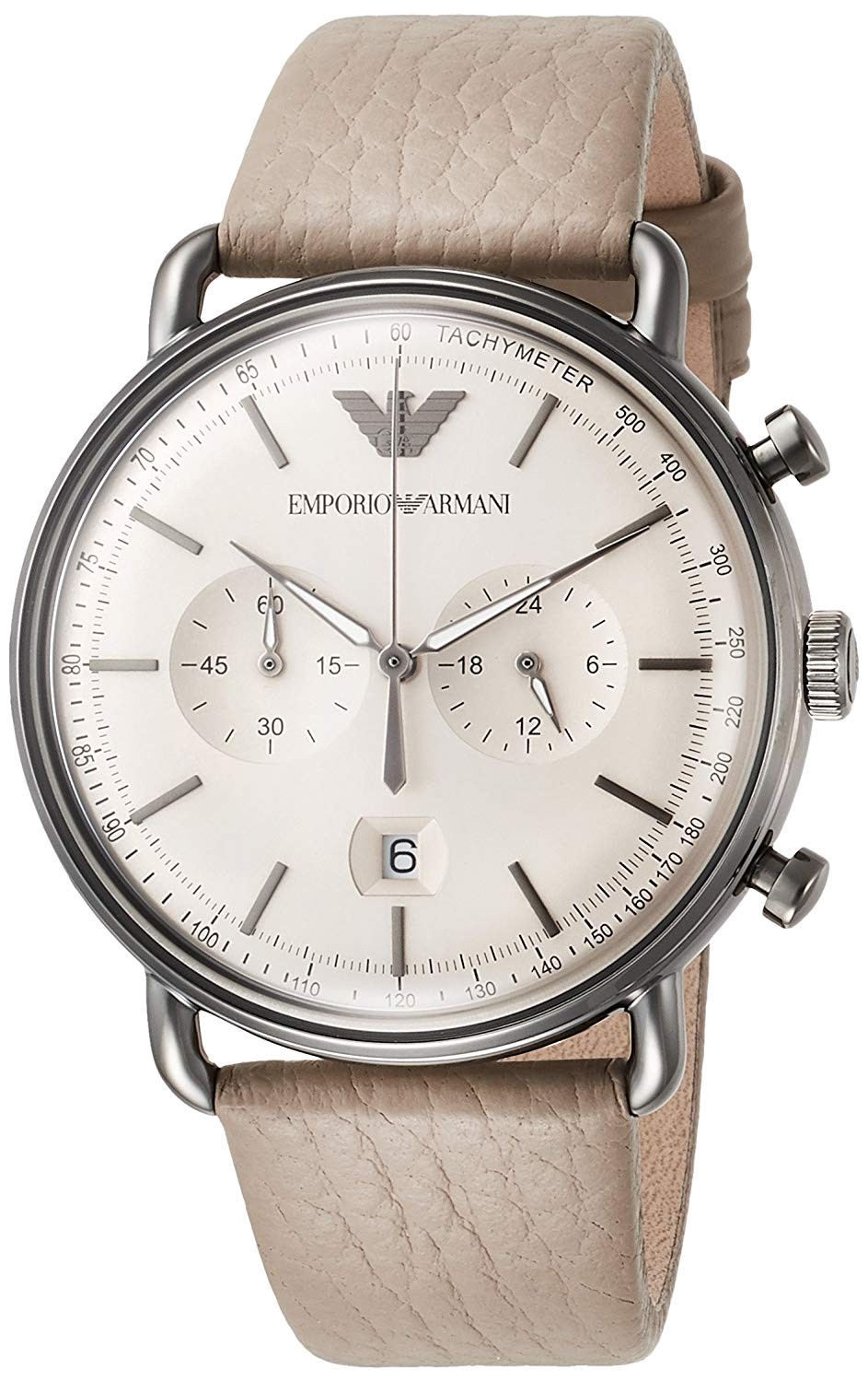 Emporio Armani Aviator Chronograph Grey Dial Beige Leather Strap Watch For Men - AR11107