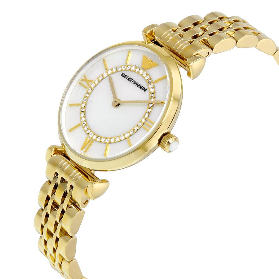 Emporio Armani Gianni T Bar Mother of Pearl White Dial Gold Steel Strap Watch For Women - AR190700