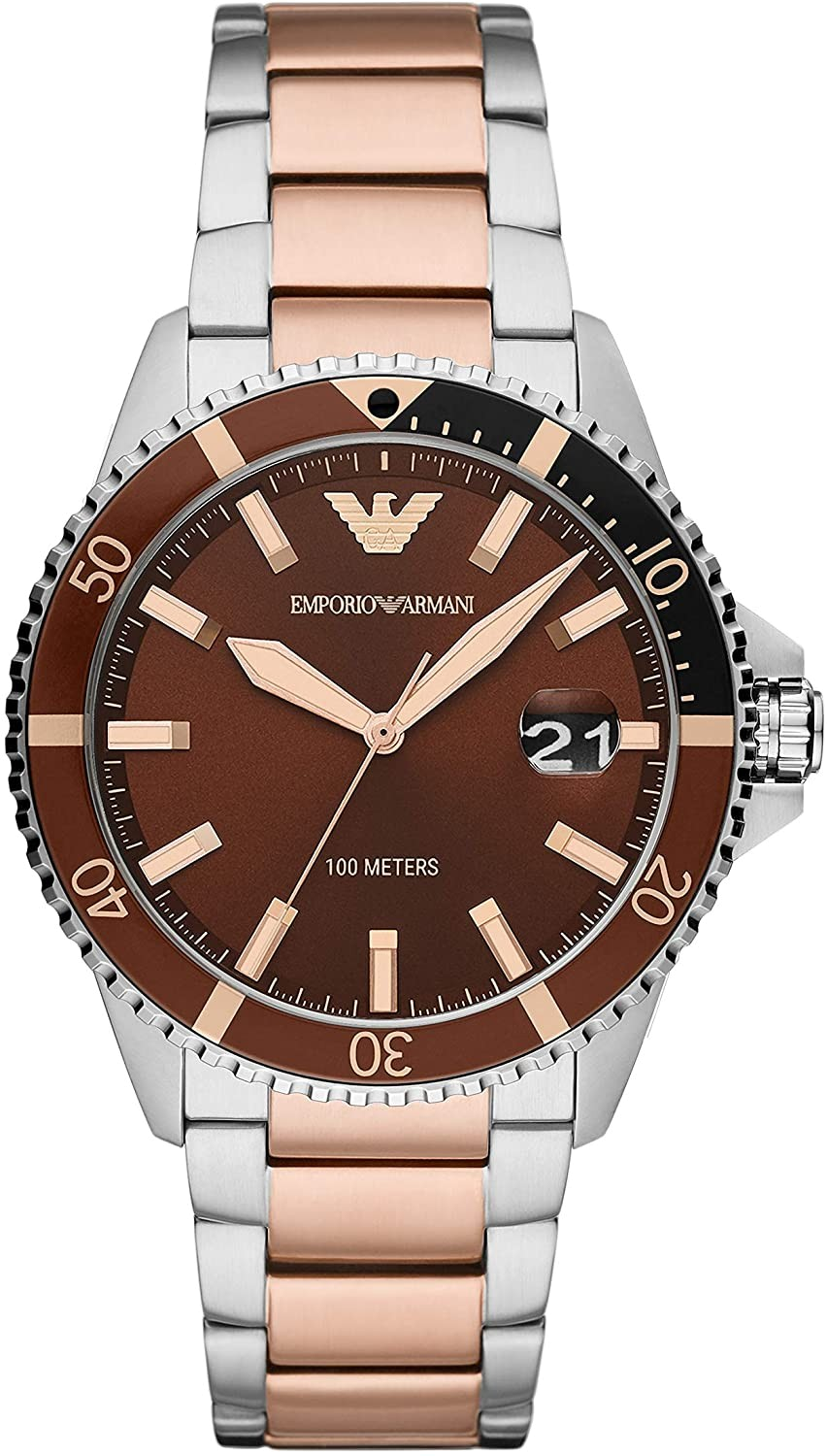 Emporio Armani Diver Quartz Brown Dial Two Tone Steel Strap Watch For Men - AR11340
