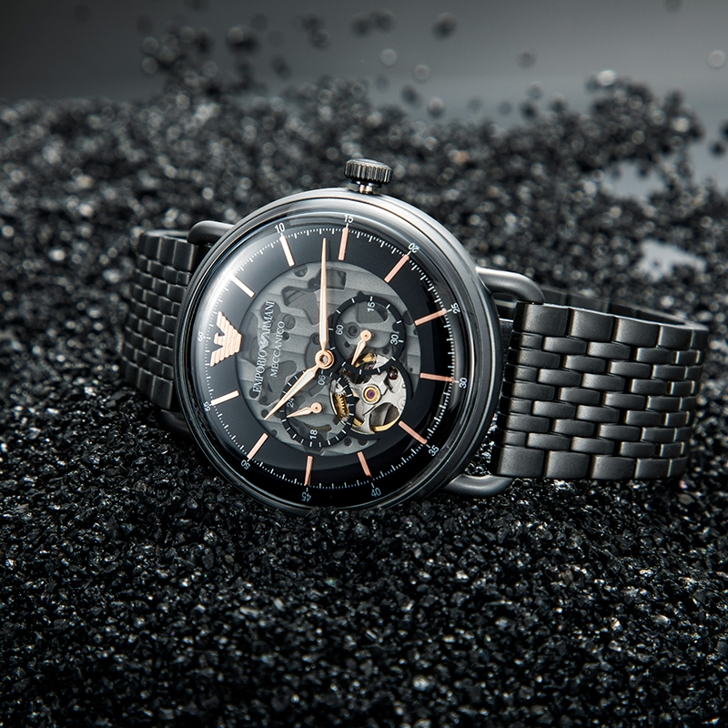 Emporio Armani Meccanico Automatic Black Dial Black Mesh Bracelet Watch For Men - AR60025