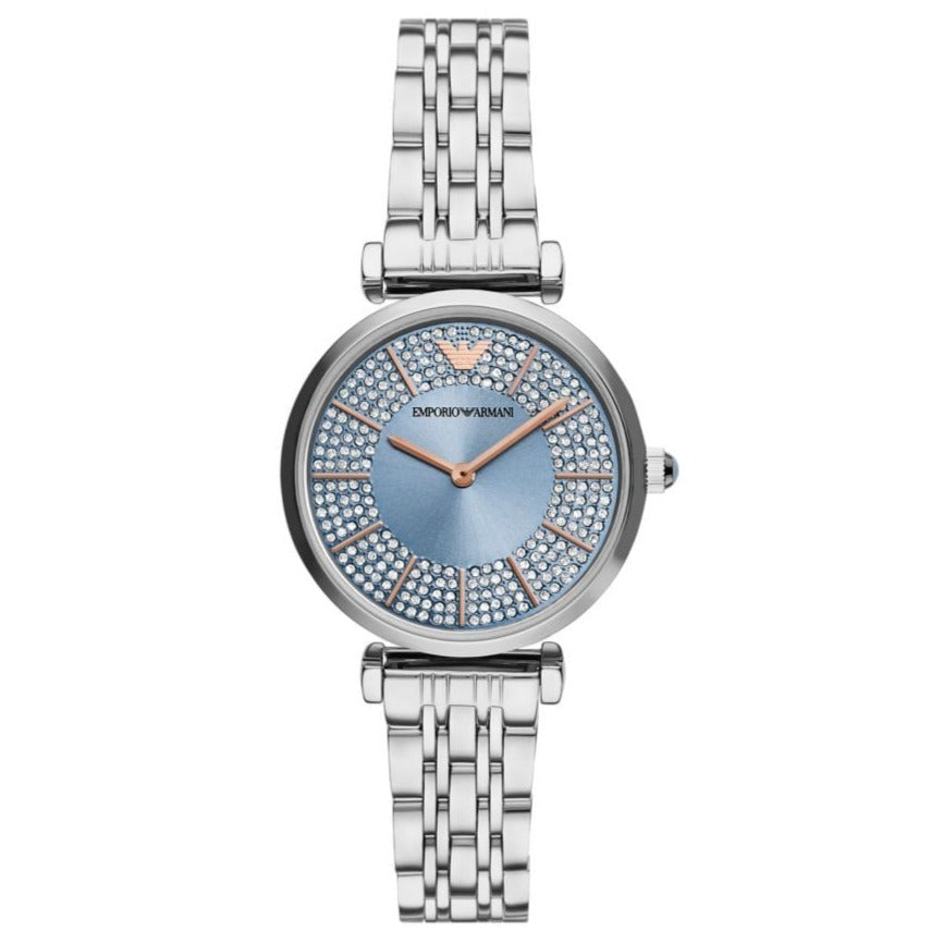 Emporio Armani Gianni T-Bar Quartz Blue Dial Silver Steel Strap Watch For Women - AR11594