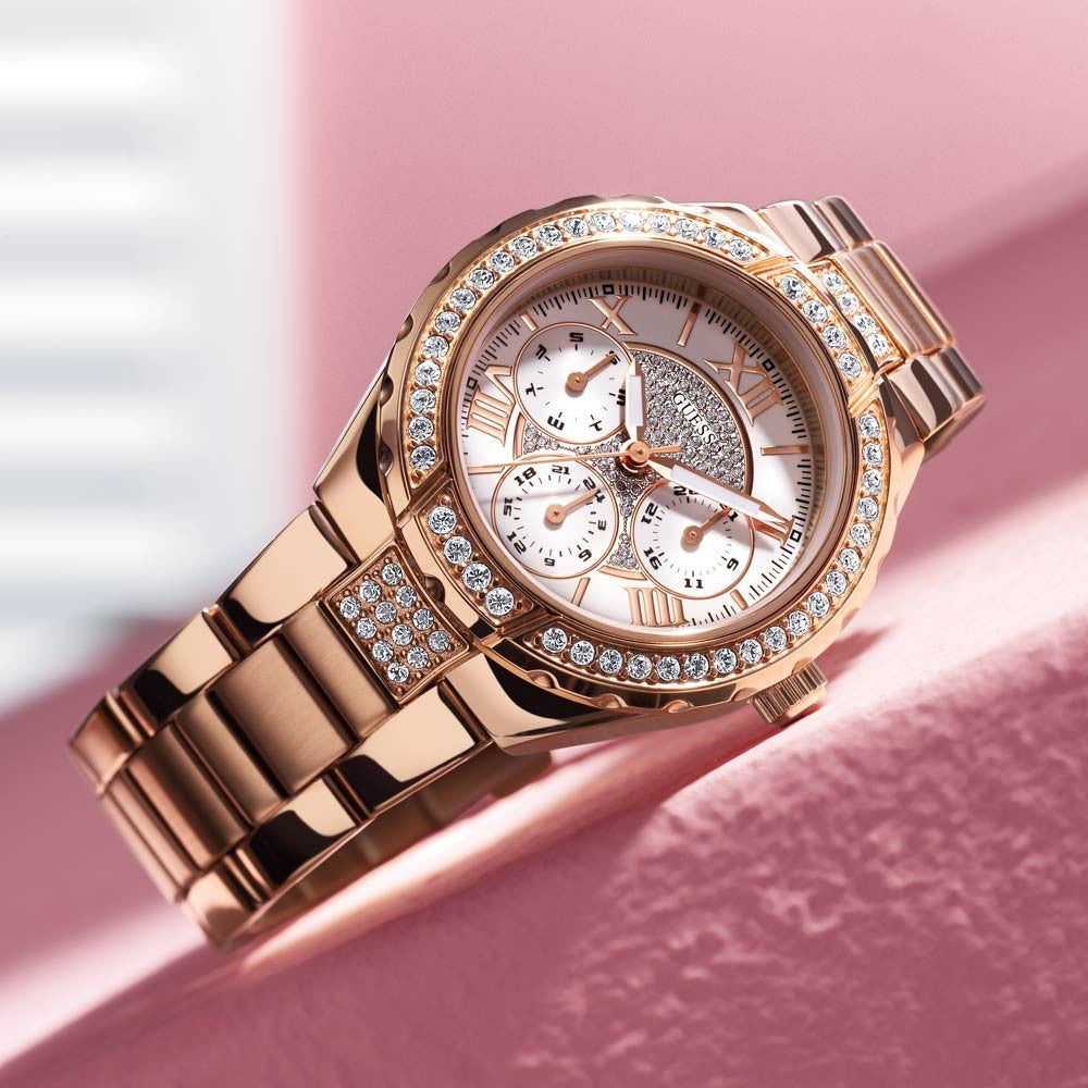 Guess Viva Diamonds White Dial Rose Gold Steel Strap Watch for Women - W0111L3