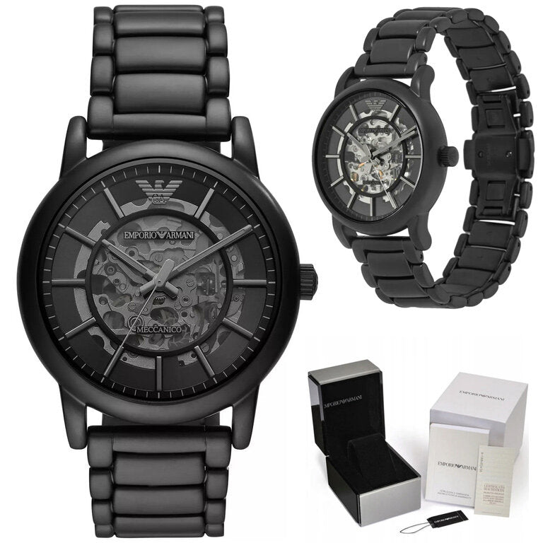Emporio Armani Meccanico Skeleton Black Dial Black Steel Strap Watch For Men - AR60045