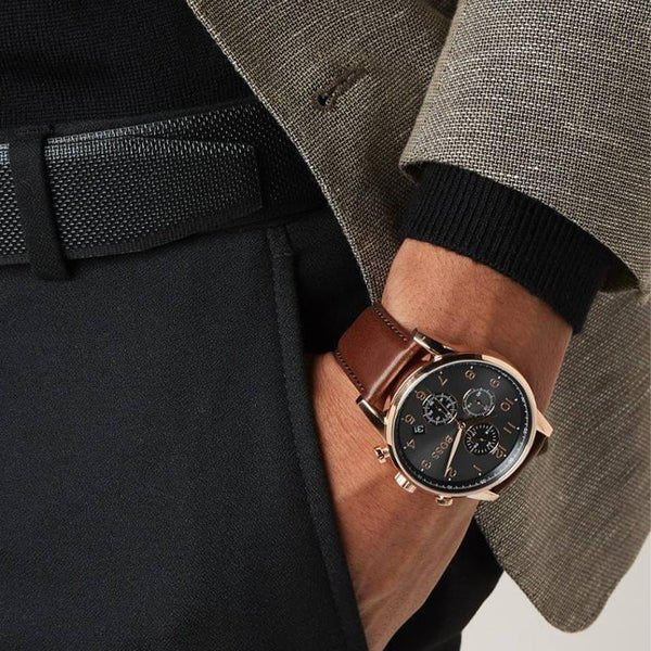 Hugo Boss Navigator Chronograph Grey Dial Brown Leather Strap Watch for Men - 1513494