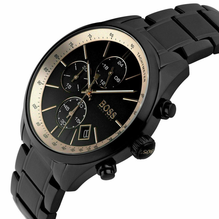 Hugo Boss Grand Prix Chronograph Black Dial Black Steel Strap Watch for Men - 1513578