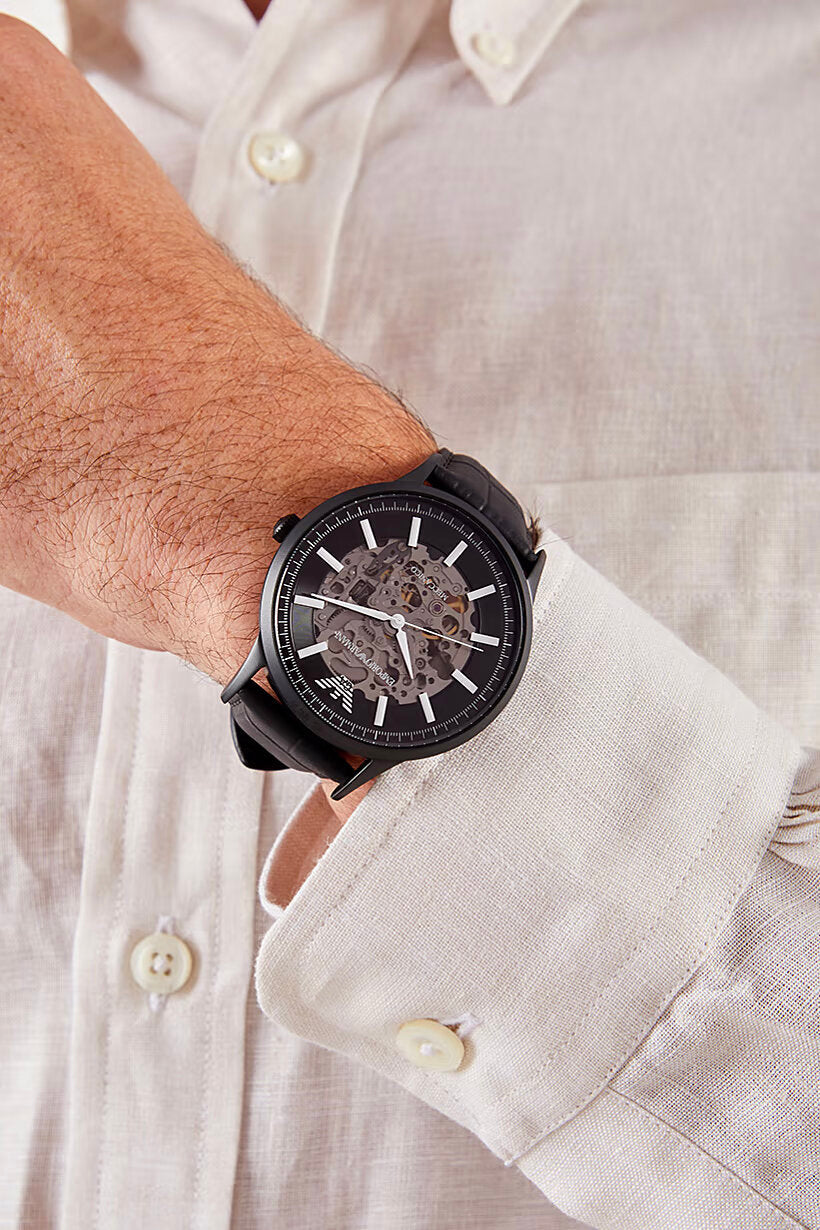 Emporio Armani Meccanico Automatic Skeleton Black Dial Black Leather Strap Watch For Men - AR60042
