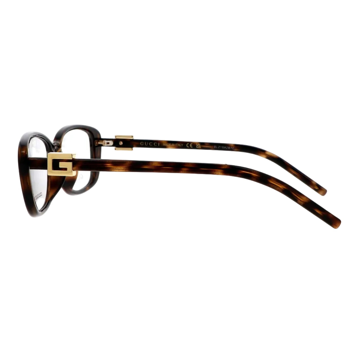 Gucci tortoiseshell luxury eyeglasses with gold G logo detail on the temple.