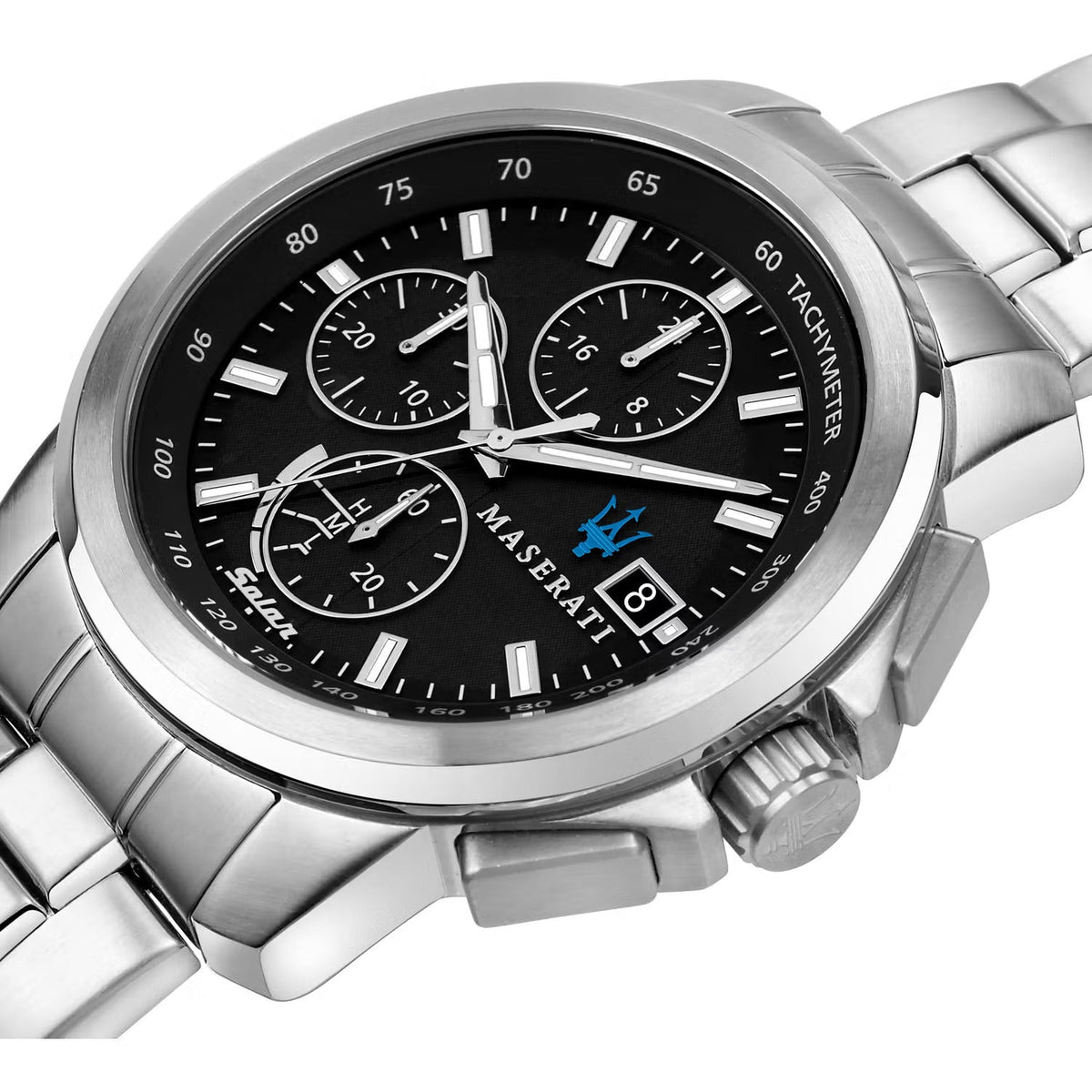 Maserati Successo Solar Edition Black Dial Silver Steel Strap Watch For Men - R8873645003