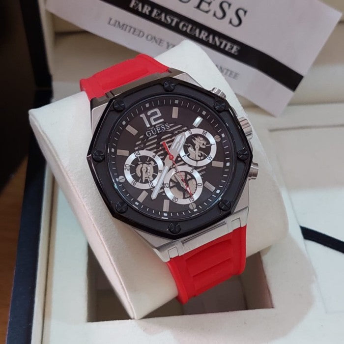Guess Momentum Black Dial Red Rubber Strap Watch for Men - GW0263G3