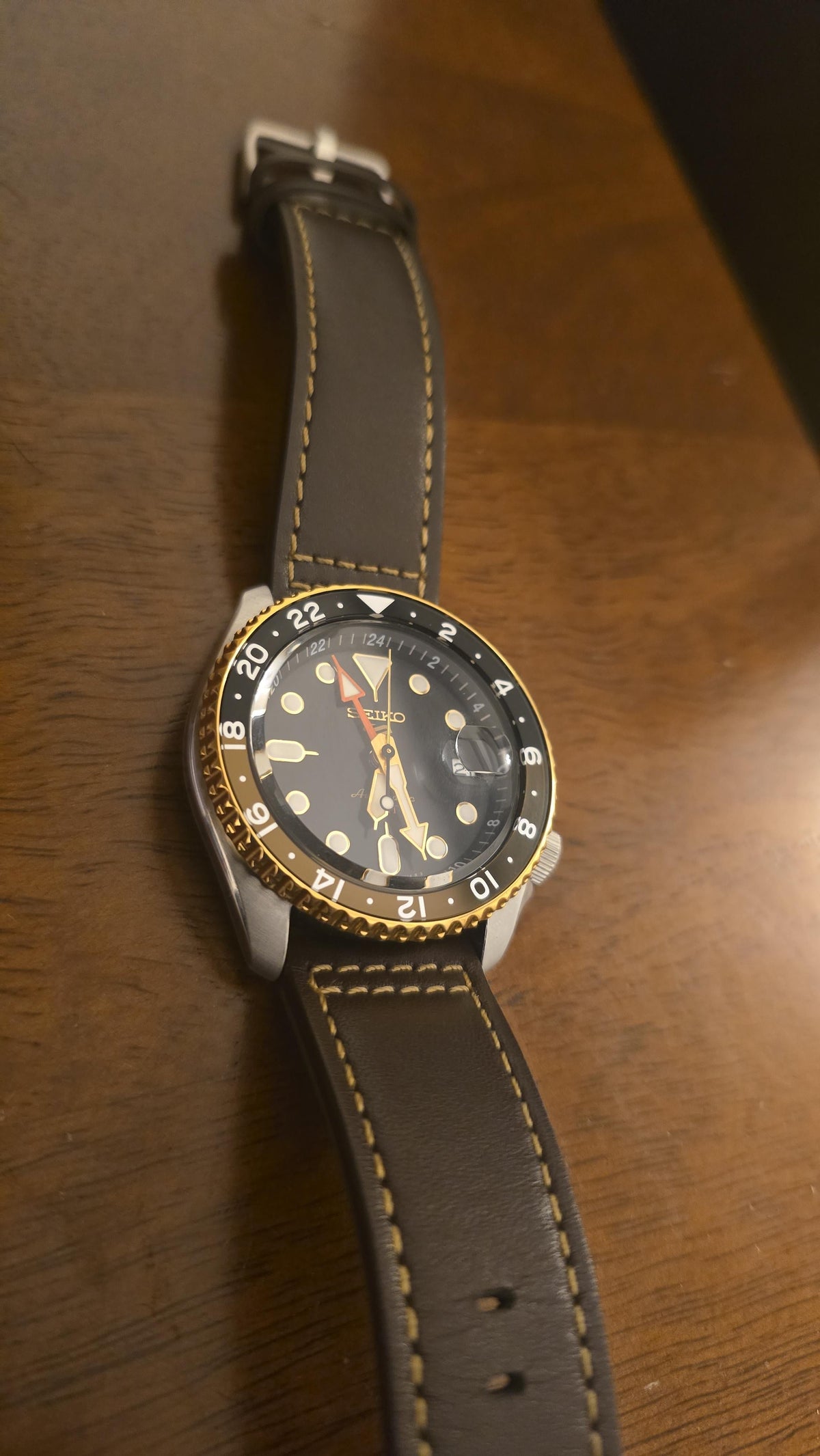 Seiko 5 Sports SKX GMT Automatic Mocha Black Dial Brown Leather Strap Watch For Men - SSK036K1