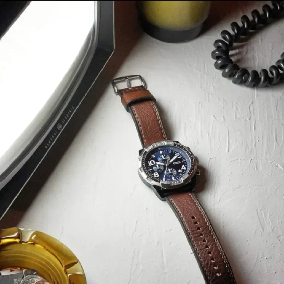 Fossil Bronson Chronograph Luggage Blue Dial Brown Leather Strap Watch for Men - FS5829