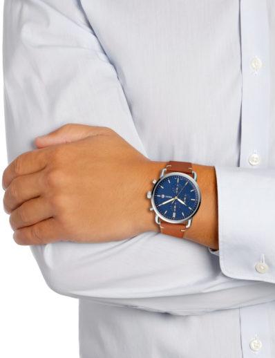 Fossil The Commuter Blue Dial Brown Leather Strap Watch for Men - FS5401