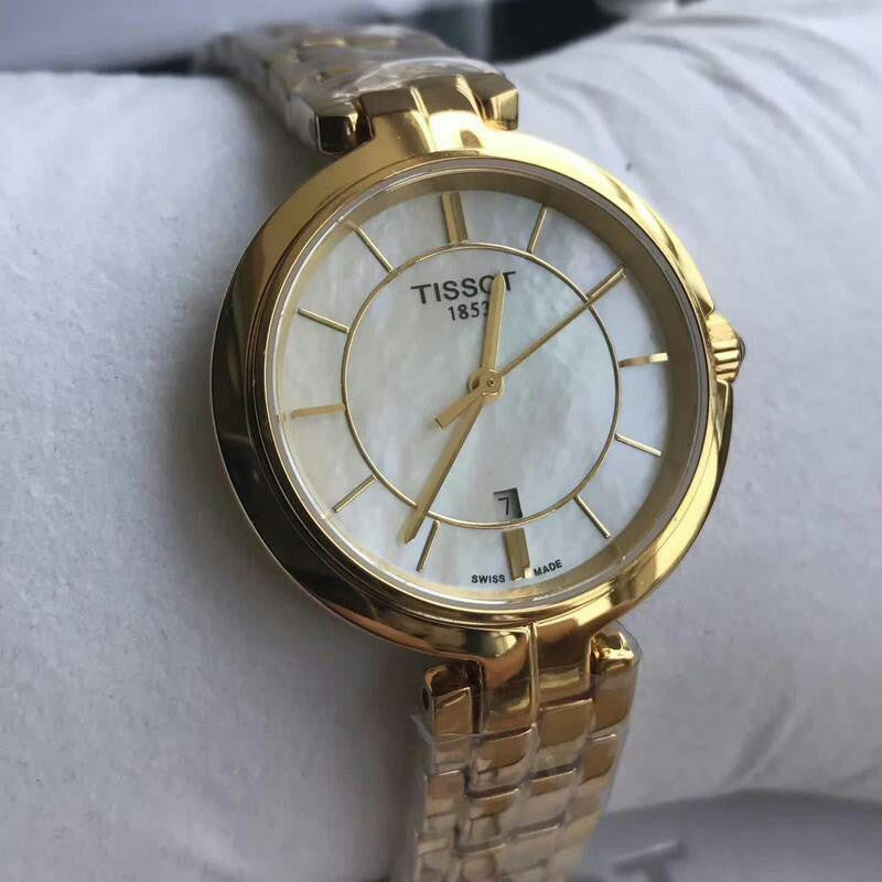 Tissot Flamingo Mother of Pearl White Dial Gold Steel Strap Watch For Women - T094.210.33.111.00