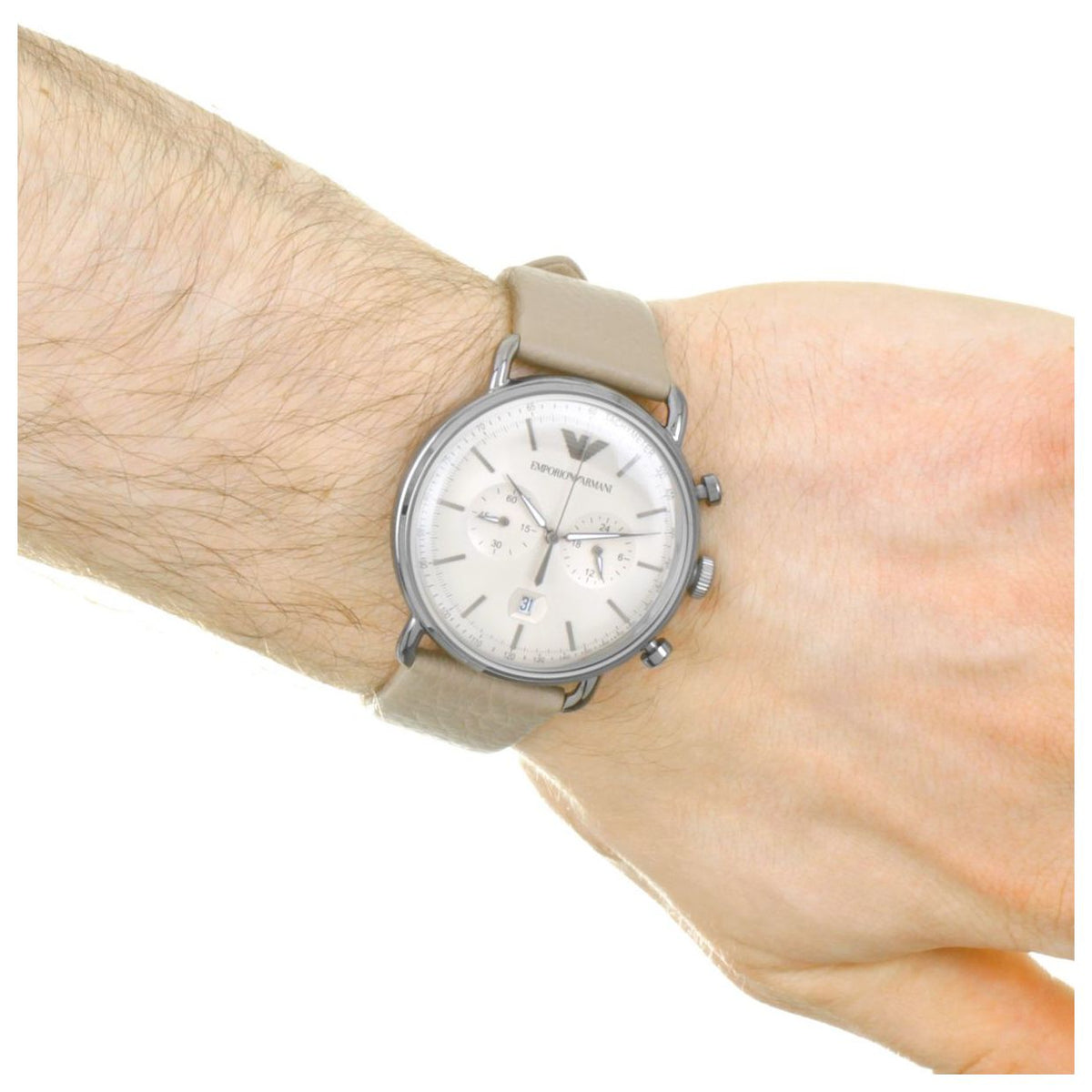 Emporio Armani Aviator Chronograph Grey Dial Beige Leather Strap Watch For Men - AR11107