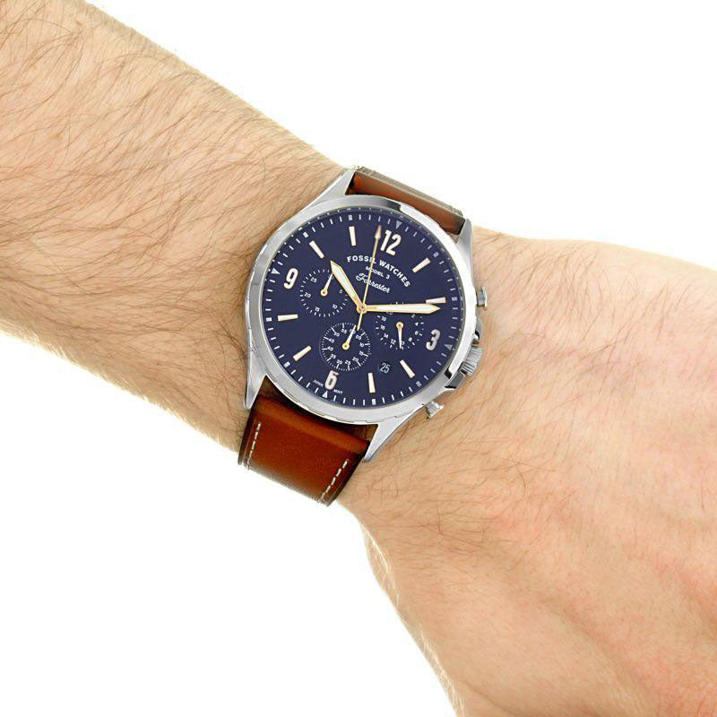 Fossil Forrester Chronograph Blue Dial Brown Leather Strap Watch for Men -  S5607