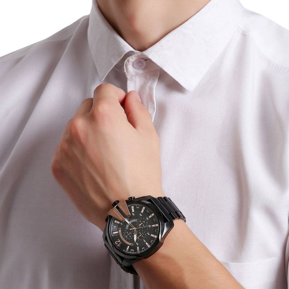 Diesel Mega Chief Chronograph Black Dial Black Steel Strap Watch For Men - DZ4309
