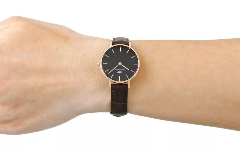 Daniel Wellington Classic Petite York Black Dial Brown Leather Strap Watch For Women - DW00100226