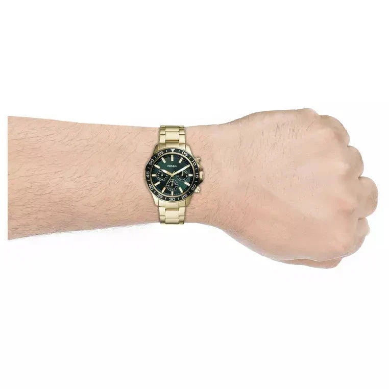 Fossil Bannon Multifunction Chronograph Green Dial Gold Steel Strap Watch for Men - BQ2493