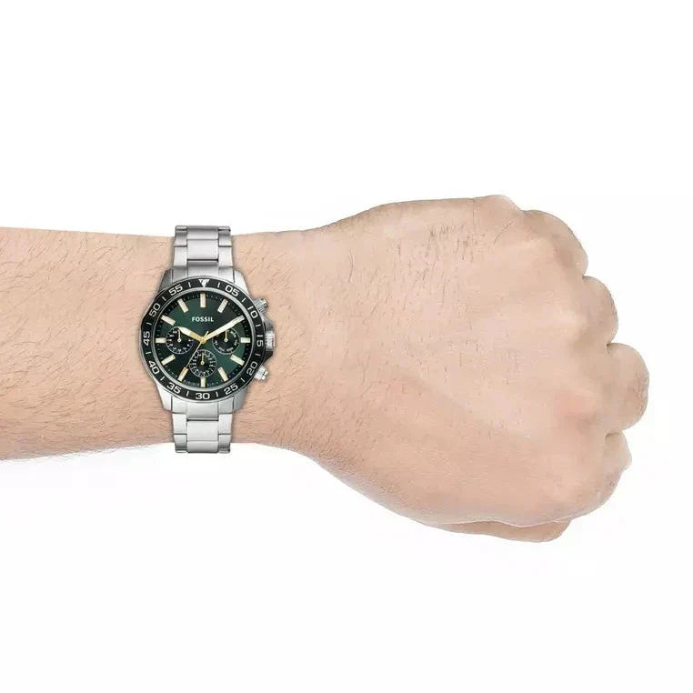 Fossil Bannon Chronograph Green Dial Silver Steel Strap Watch for Men - BQ2492