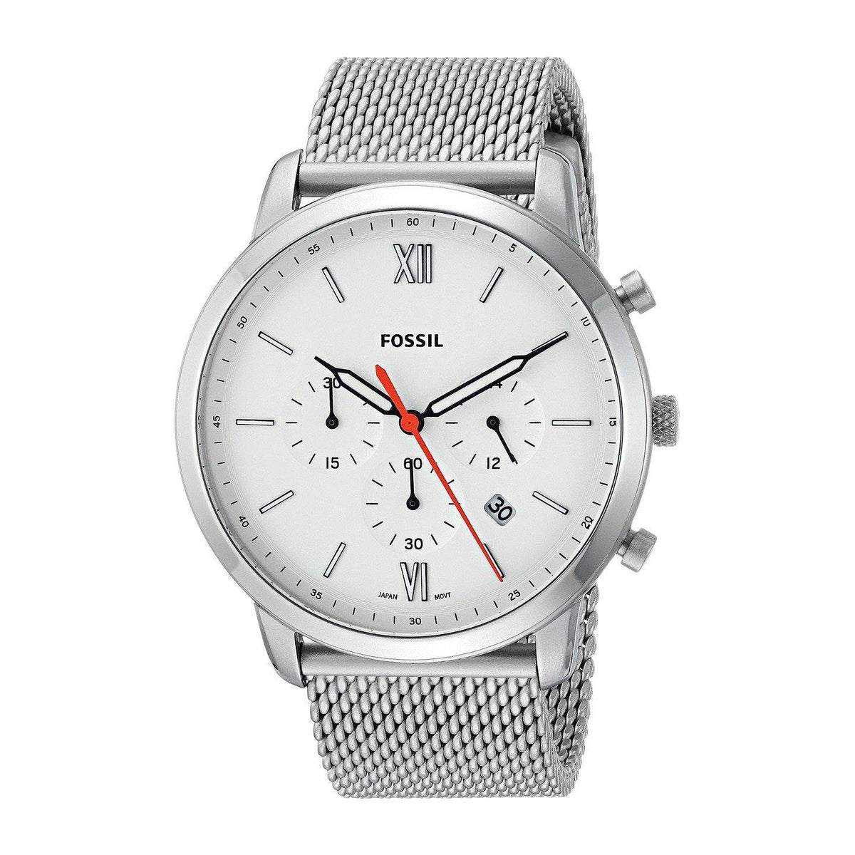 Fossil Neutra Chronograph White Dial Silver Mesh Bracelet Watch for Men - FS5382