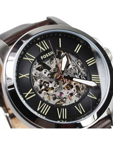 Fossil Grant Automatic Skeleton Black Dial Brown Leather Strap Watch for Men - ME3100