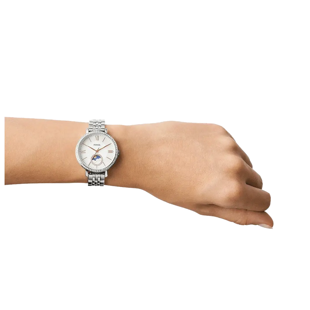 Fossil Jacqueline Multifunction Moonphase White Dial Silver Steel Strap Watch for Women - ES5164
