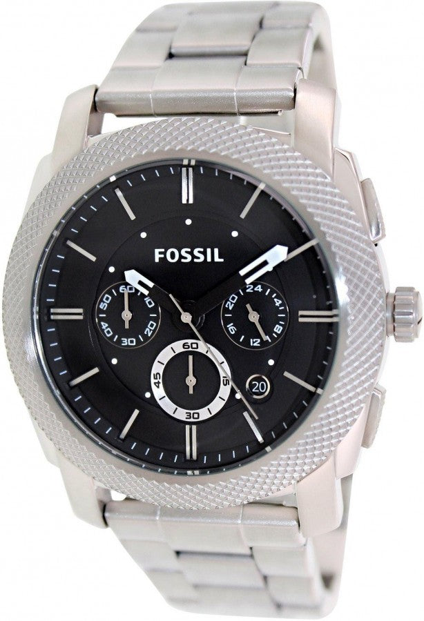 Fossil Machine Chronograph Black Dial Silver Steel Strap Watch for Men - FS4776
