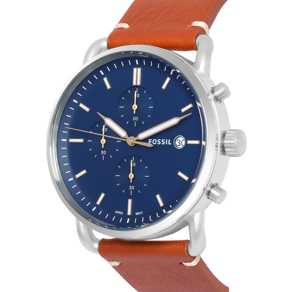 Fossil The Commuter Blue Dial Brown Leather Strap Watch for Men - FS5401