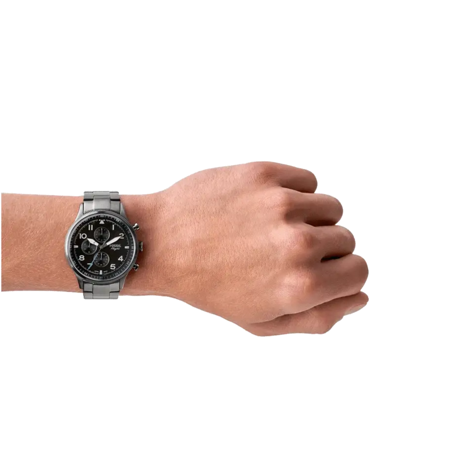 Fossil Retro Pilot Chronograph Black Dial Grey Steel Strap Watch for Men - FS5834