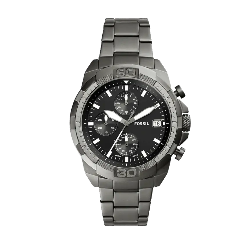 Fossil Bronson Chronograph Black Dial Grey Steel Strap Watch for Men - FS5852