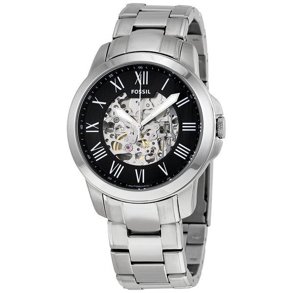 Fossil Grant Skeleton Black Dial Silver Steel Strap Watch for Men - ME3055