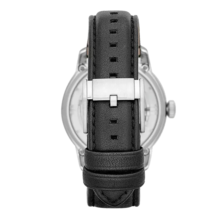 Fossil Townsman Automatic Skeleton Silver Dial Black Leather Strap Watch for Men - ME3041