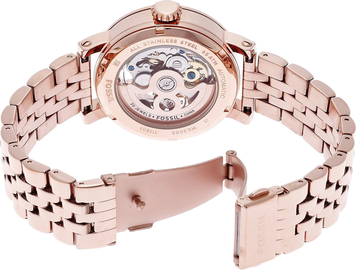 Fossil Boyfriend Automatic Skeleton Rose Gold Dial Rose Gold Steel Strap Watch for Women - ME3065