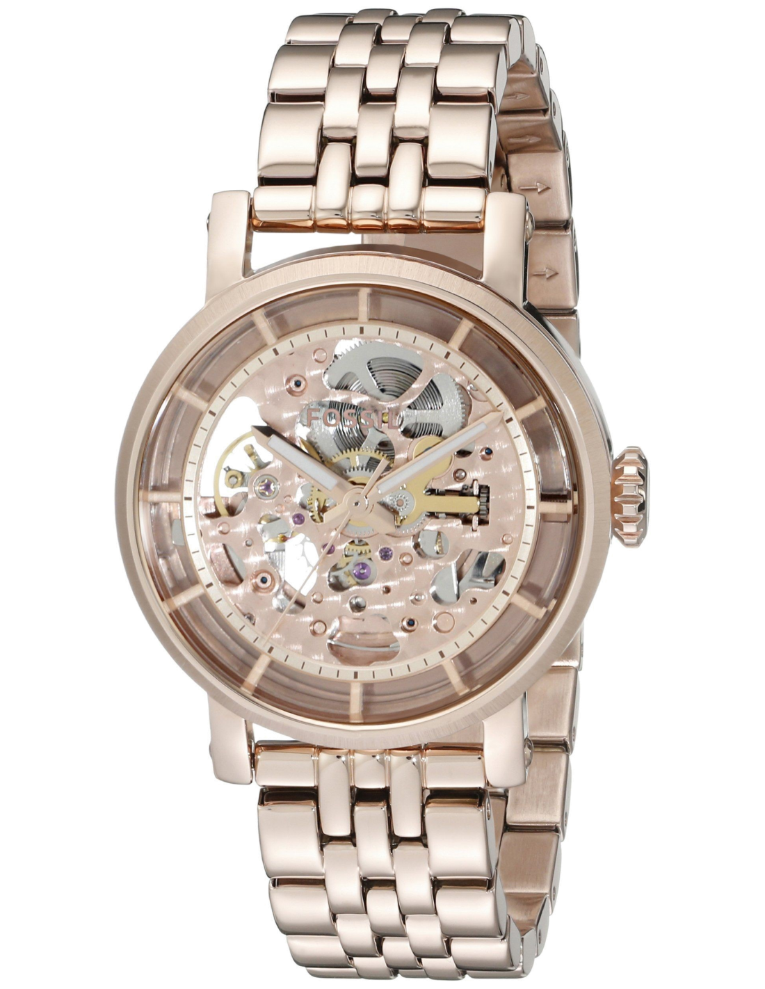 Fossil Boyfriend Automatic Skeleton Rose Gold Dial Rose Gold Steel Strap Watch for Women - ME3065