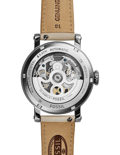 Fossil Boyfriend Automatic Skeleton Silver Dial White Leather Strap Watch for Women - ME3069