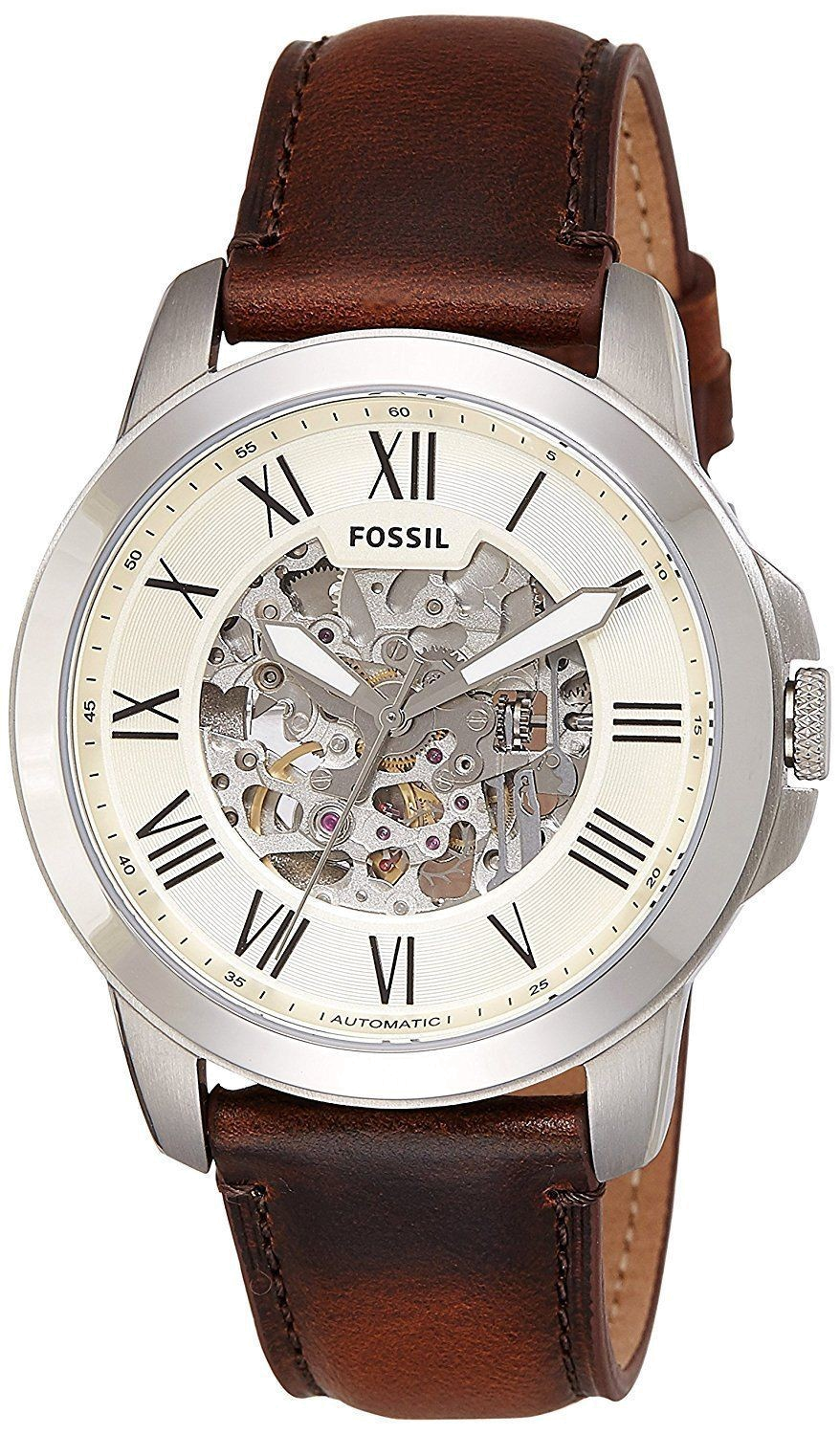 Fossil Grant Automatic Beige Skeleton Dial Brown Leather Strap Watch for Men - ME3099