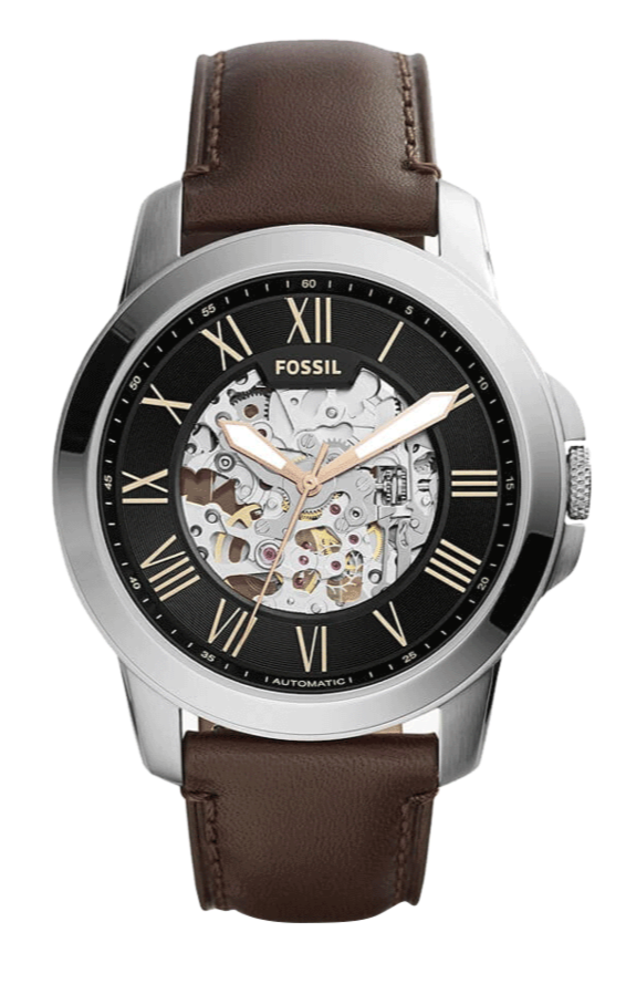 Fossil Grant Automatic Skeleton Black Dial Brown Leather Strap Watch for Men - ME3100