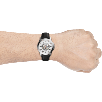 Fossil Grant Automatic Skeleton White Dial Black Leather Strap Watch for Men - ME3101