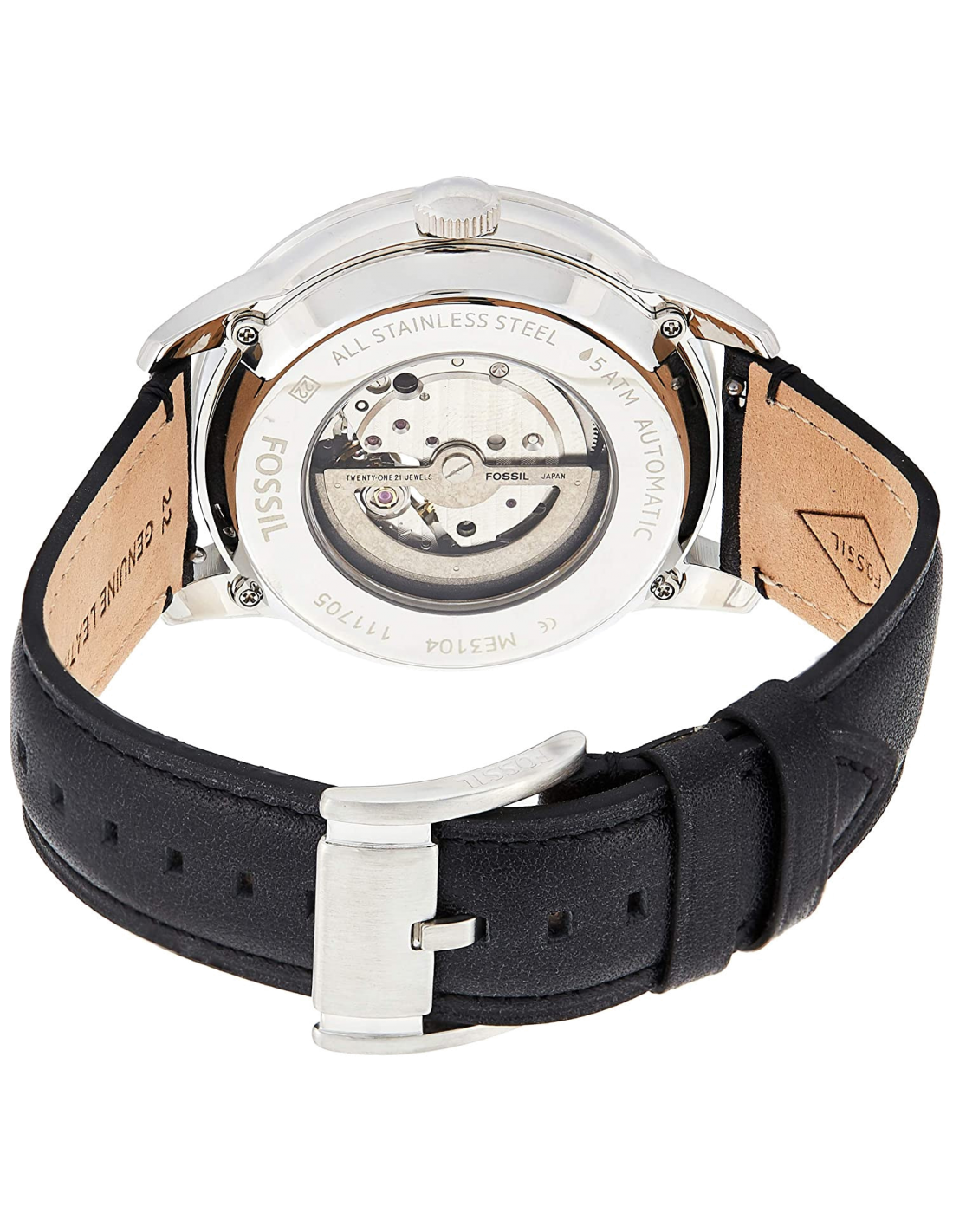 Fossil Townsman Automatic White Dial Black Leather Strap Watch for Men - ME3104