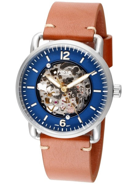 Fossil Commuter Automatic Skeleton Blue Dial Brown Leather Strap Watch for Men - ME3159