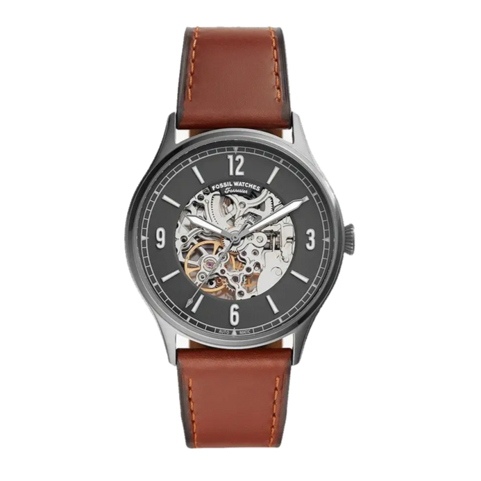 Fossil Forrester Automatic Skeleton Grey Dial Brown Leather Strap Watch for Men - ME3178