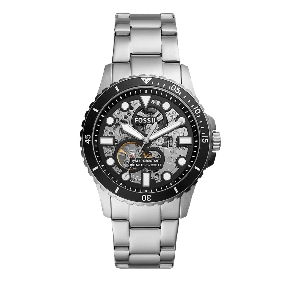 Fossil FB-01 Automatic Skeleton Black Dial Silver Steel Strap Watch for Men - ME3190